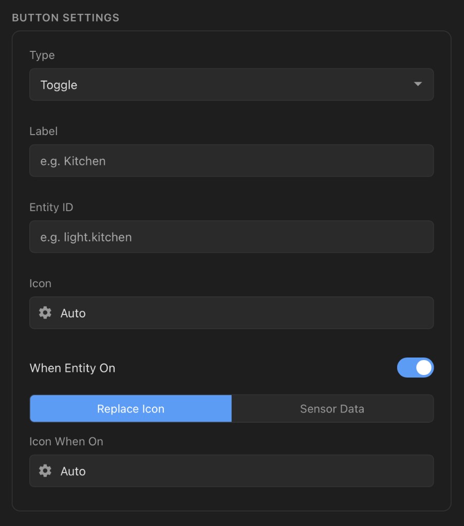 Card settings panel