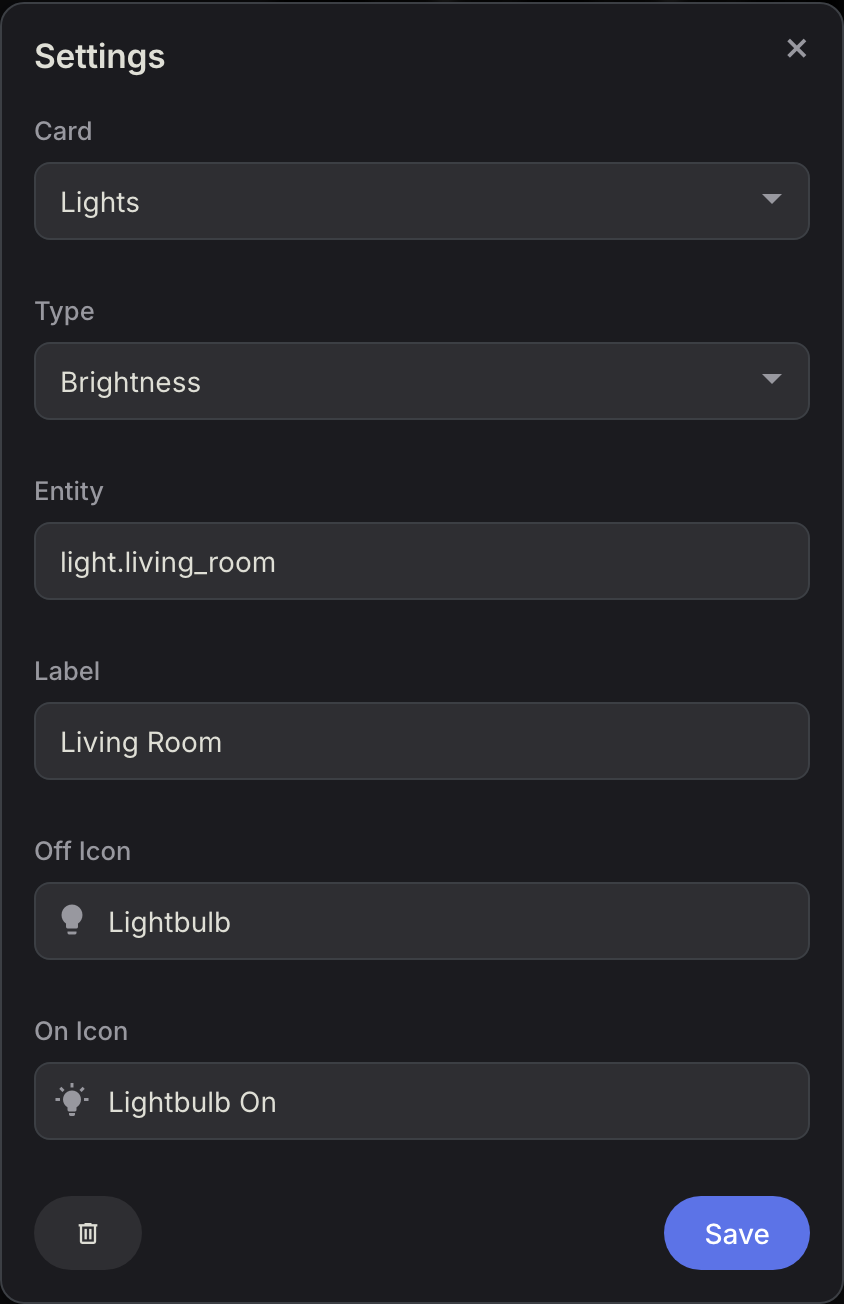 Light card settings panel showing card type, entity, label, and icon fields