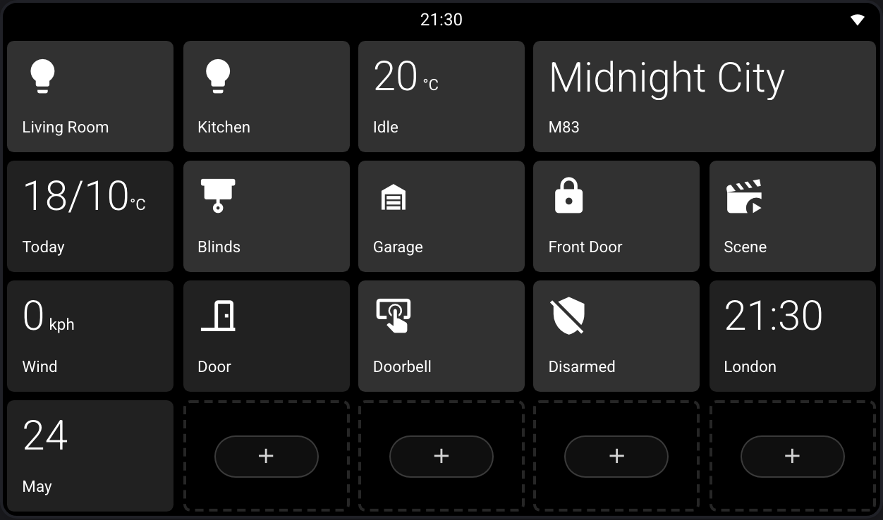 Webserver card grid with examples of lights, climate, media, weather, covers, locks, actions, sensors, and date cards
